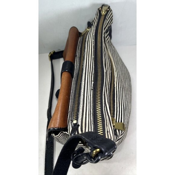 Fossil Kinley Black White Canvas Fabric Striped Brown Leather Crossbody Bag - Picture 9 of 16